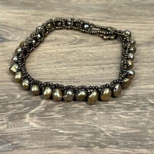 Golden Pearl Beaded Copper Tone Bracelet Floral Button Clasp 7.5 Inch